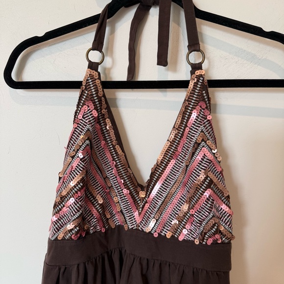 Victorias Secret Y2K 2000s Brown Sequin Halter Dress Size XL Built in Bra Girly - Picture 2 of 9